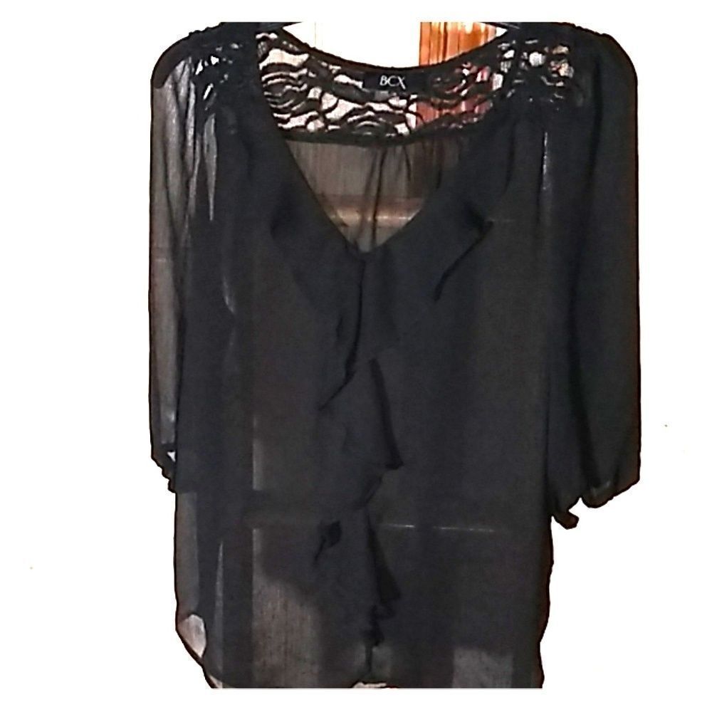 BCX Ruffle and lace see-through blouse, Black - Picture 1 of 6
